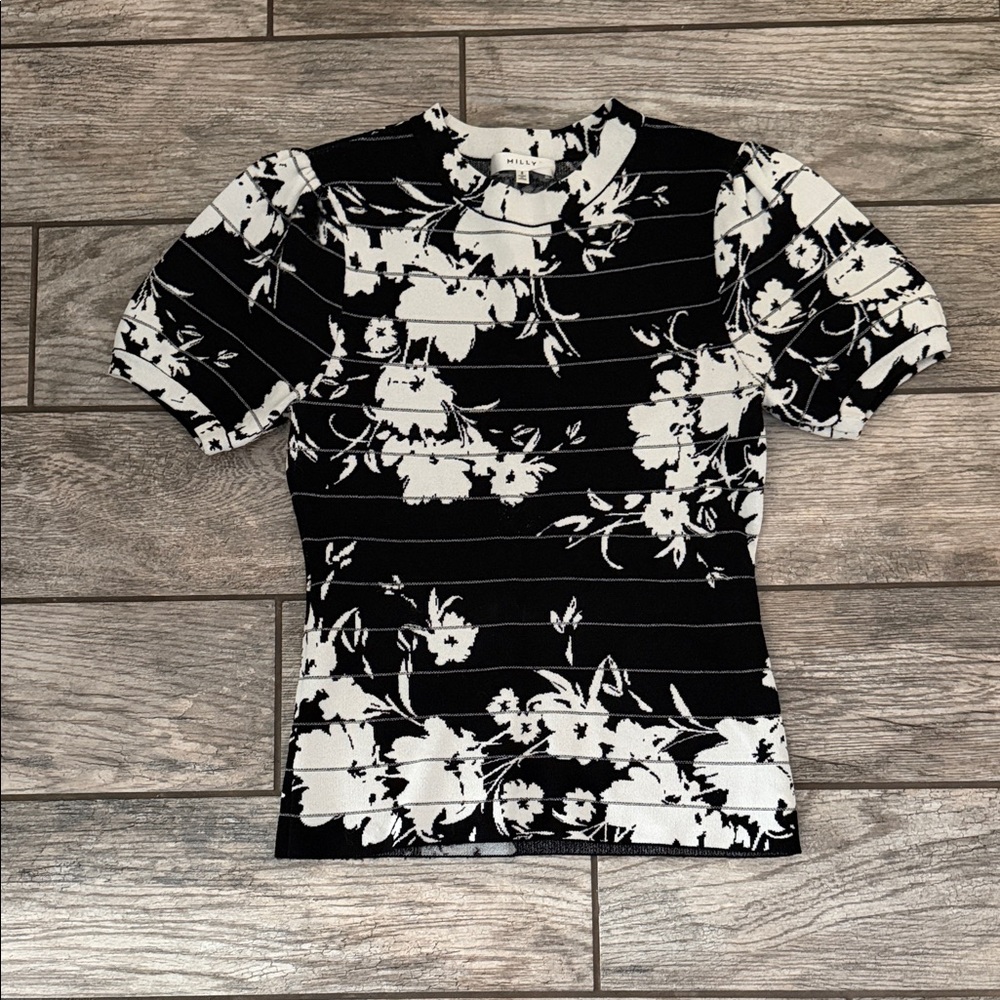 Milly Floral Knit Top Black White Stripe Short Sleeve
